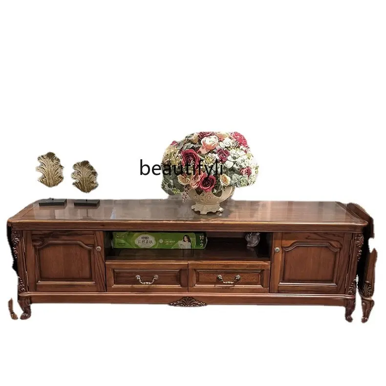 

American-Style Full Real Wooden TV Cabinet Black Walnut Wooden TV Cabinet Hall Cabinet Combination Living Room Furniture