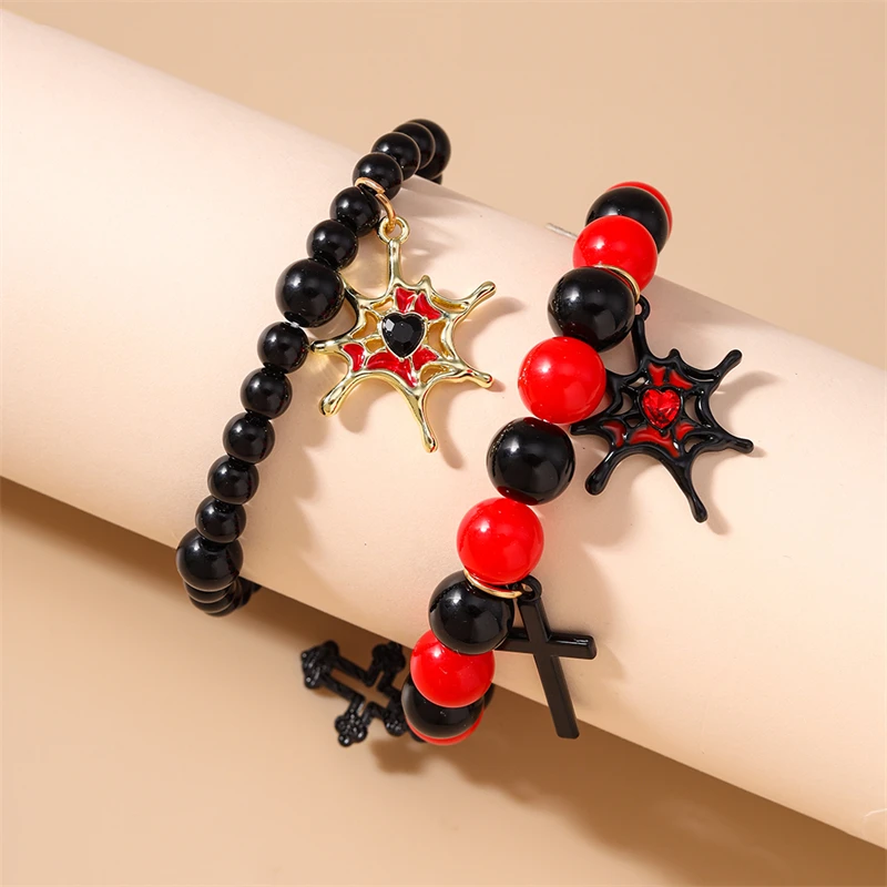 2 Stück/Set, modisches, handgefertigtes Armband mit Perlen für Damen, Halloween-Spinnen- und Kreuzanhänger, Armbänder für Mädchen, Party- und Festivalschmuck, Geschenk. – Detail 1