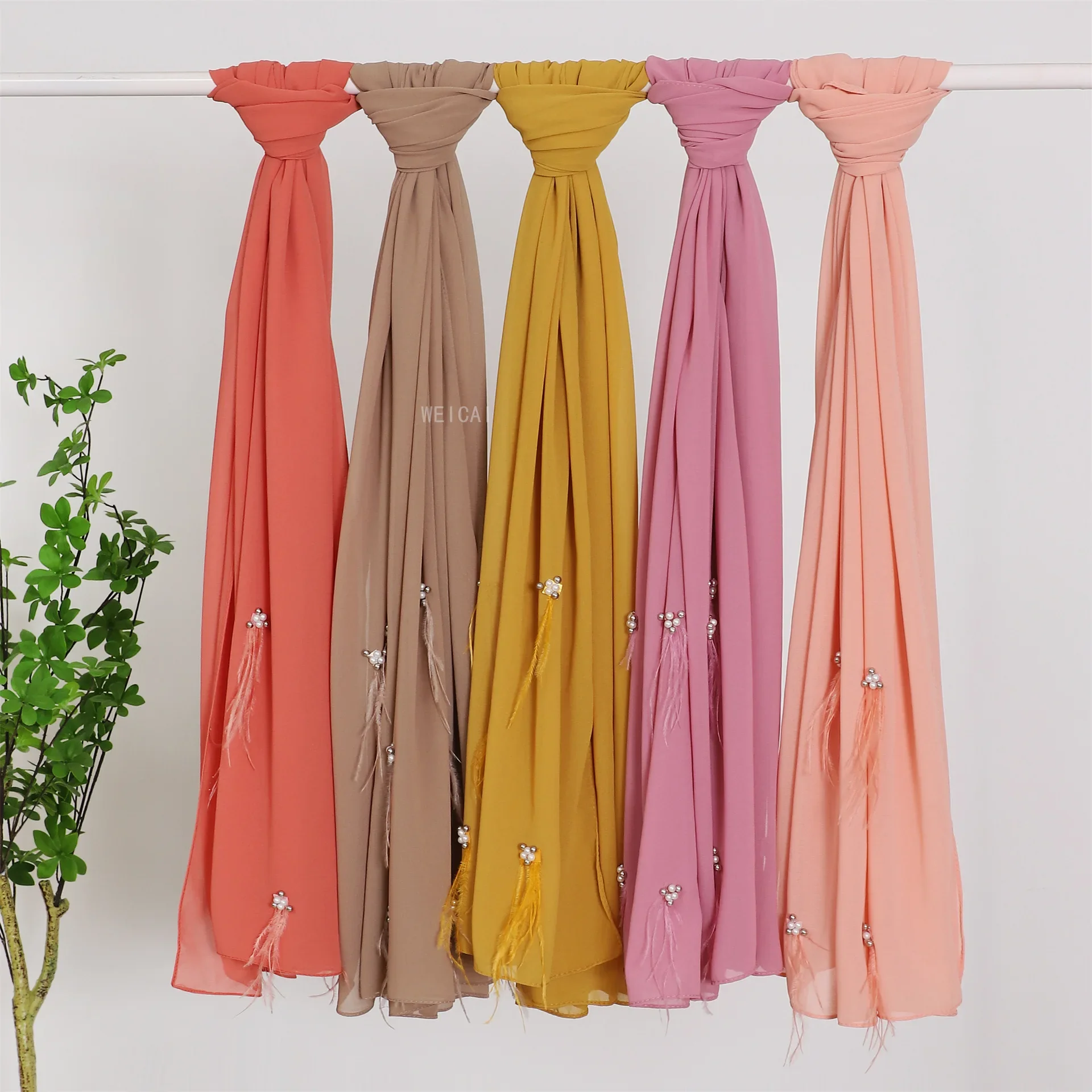 Mode nouvelle perle en mousseline de soie écharpe malais indonésie perle plume Hijab musulman voile châle enveloppement Turban Islam étole foulard Bandanas