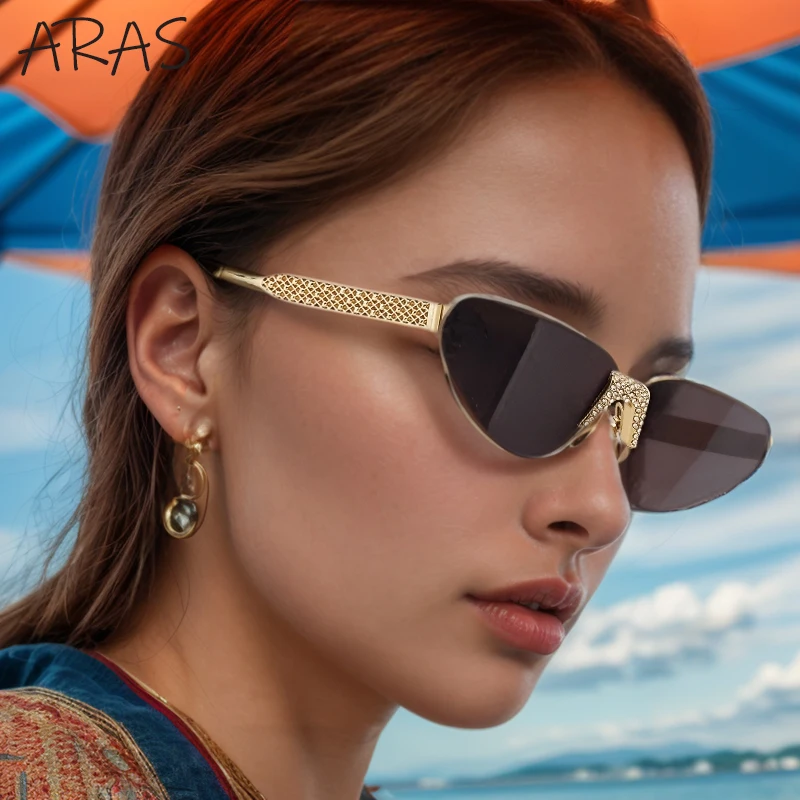 

Cat Eye Rimless Sunglasses Women 2024 Luxury Brand Crystal Retro Sun Glasses For Lady Fashion Metal Shades UV Protection Eyewear