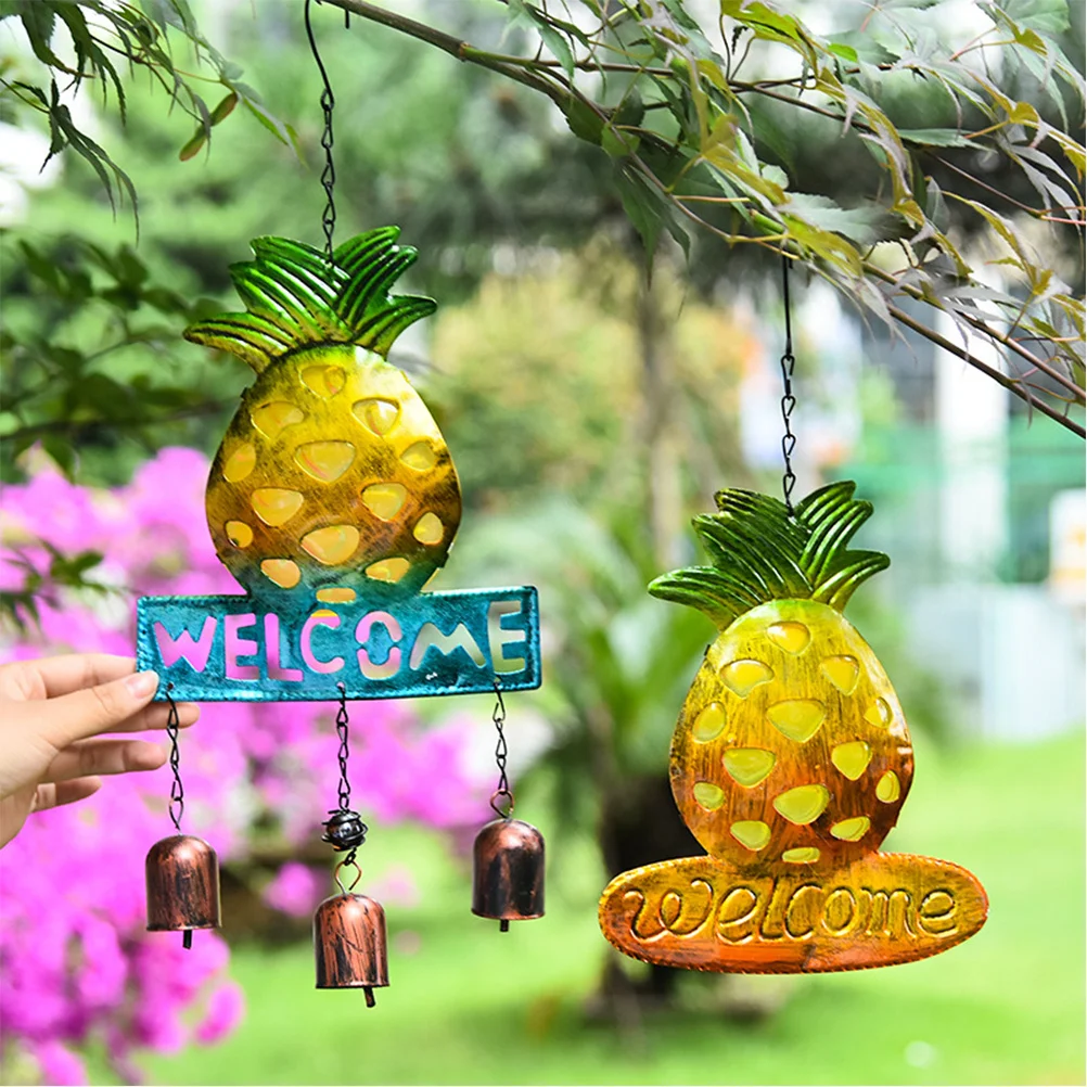

1Pcs Metal Glass Pineapple Hanging Bell Yellow 31x17.5cm Iron Wall Decor Welcome Adornment for Coffee Shop Bedroom