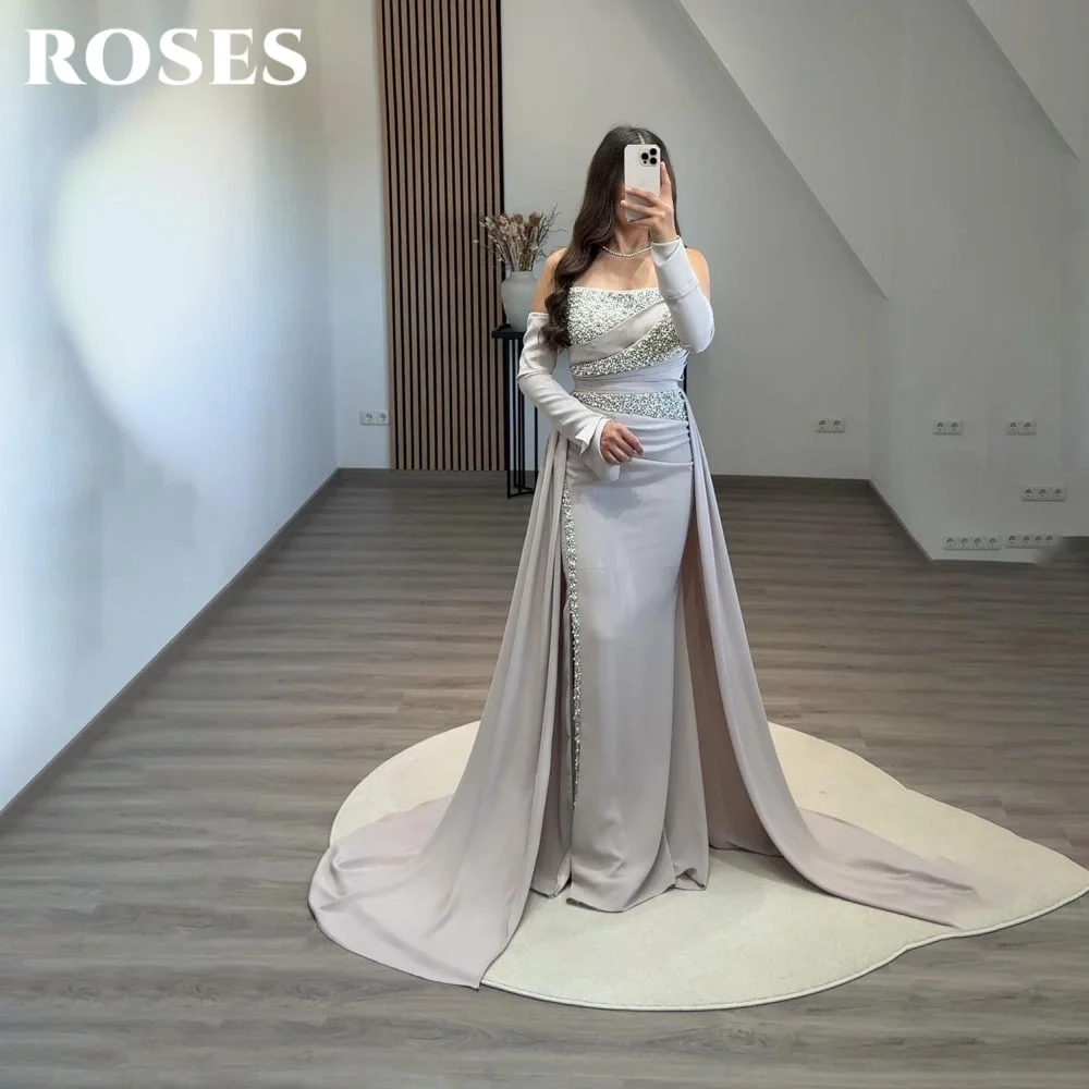 

ROSES Silver A-Line Prom Dress Off the Shoulder Pleats Gala Dress with Sequins Satin Saudi Arabic Evening Party Gowns Customized