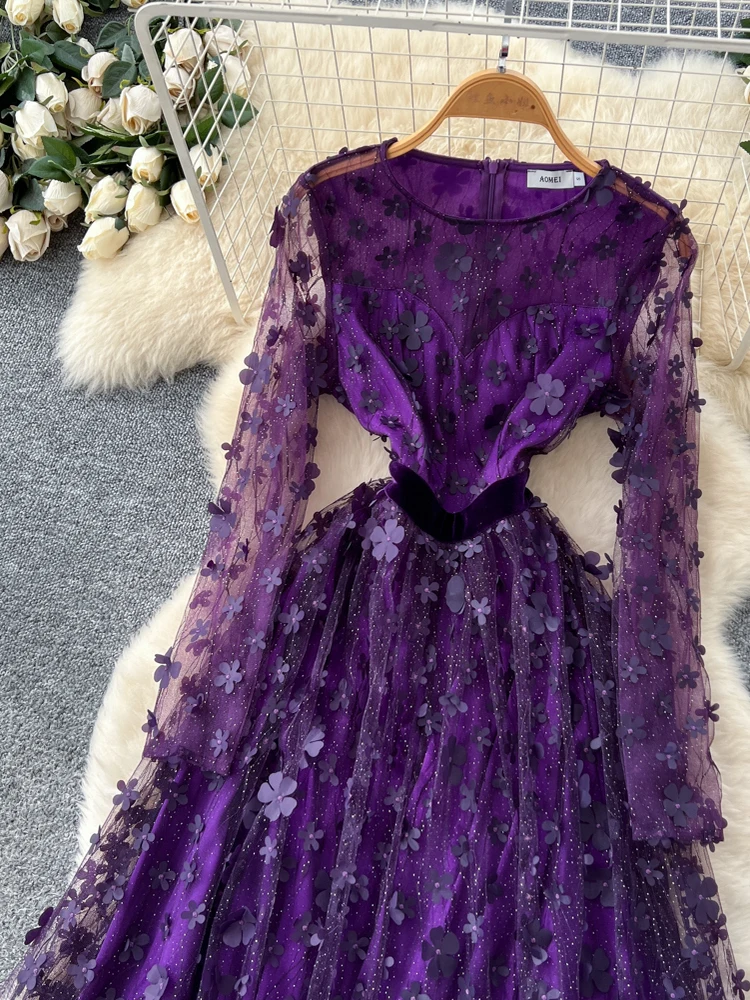 Sukienka damska w kształcie litery A z bogatym haftem, kwiatami 3D, tiulową tkaniną i wyszczuplającym krojem w talii, idealna na sezon jesienny.