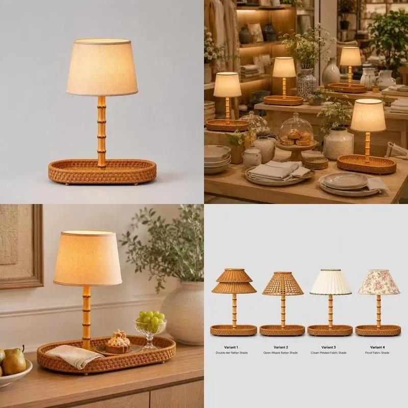 for Bamboo cordless rechargeable simple DC desk lamp with rectangular rattan tray and double lampshade, suitable for buffet