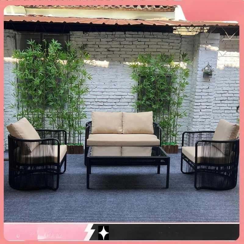 

Outdoor rattan sofa hotel courtyard sofa coffee table combination garden balcony new Chinese anti-corrosion and anti-rust Taishi