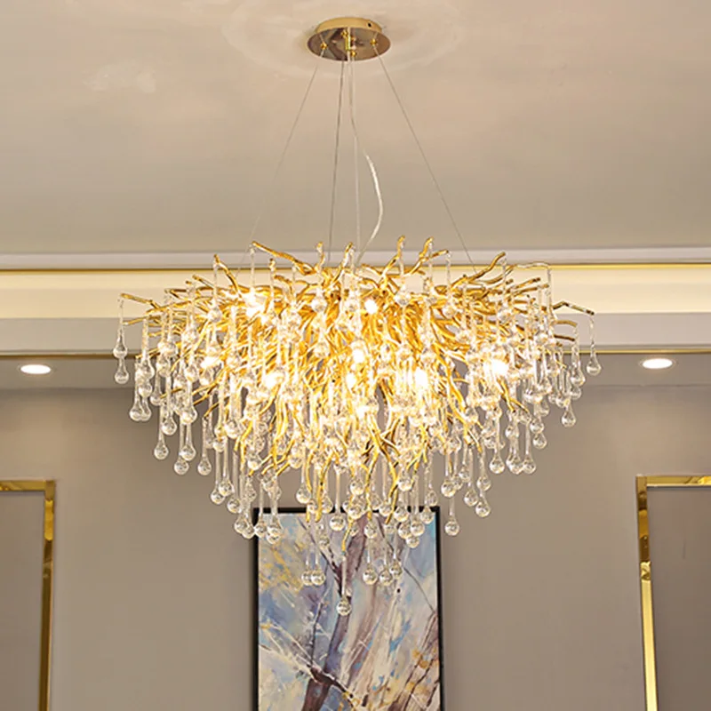 Modern Crystal Chandeliers for Dining Rooms Round Gold Branch Raindrop Pendant Light Fixture for Ceiling Kitchen Bedroom