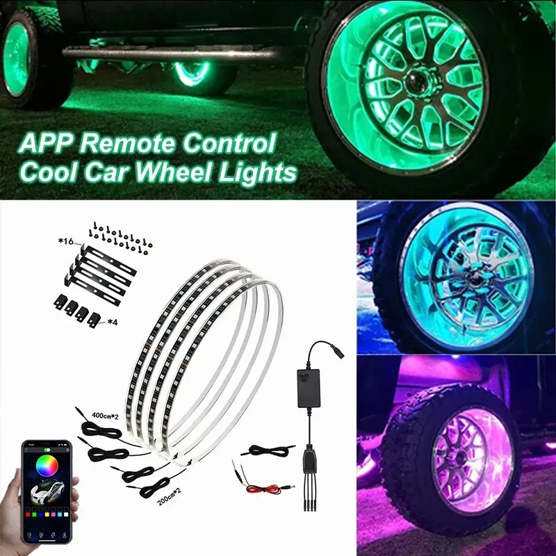 Car Hub Lamp RGB Kit Waterproof LED Strip Light APP/Remote Control Car Wheel Ring Neon Light Strip Colorful Adjustable Hub