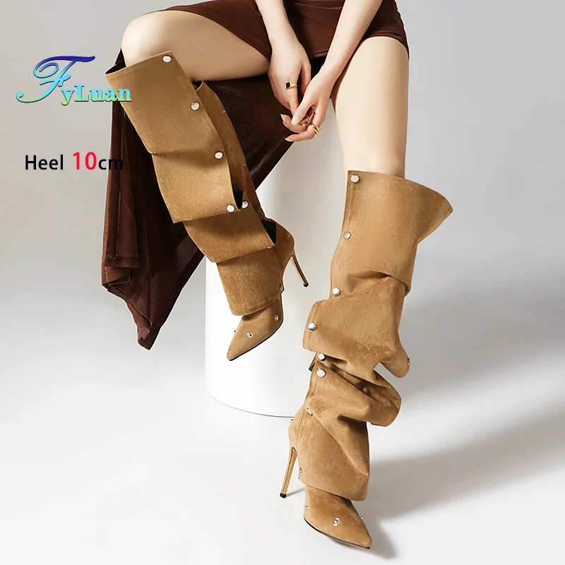 Sepatu Bot Runcing Musim Gugur Musim Dingin Stiletto 10CM Sepatu Wanita Modis Sepatu Bot Setinggi Lutut Merah Hak Tinggi Tipis Model Eropa dan Amerika