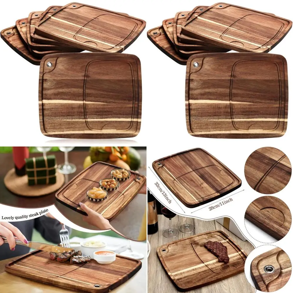 

Набор из 6 деревянных тарелок для стейка с желобком для соуса, сервировочная доска из акации, 13 x 11 x 0.6 дюймов, для домашнего ужина и закусок