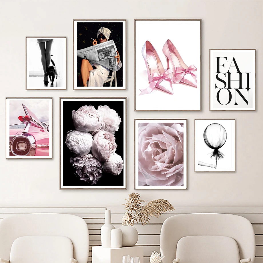 

Sexy Fashion Beauty Pink Smoke Truck Balloon Pink High Heels Fashion Wall Art Canvas Painting Nordic Poster Room Decor
