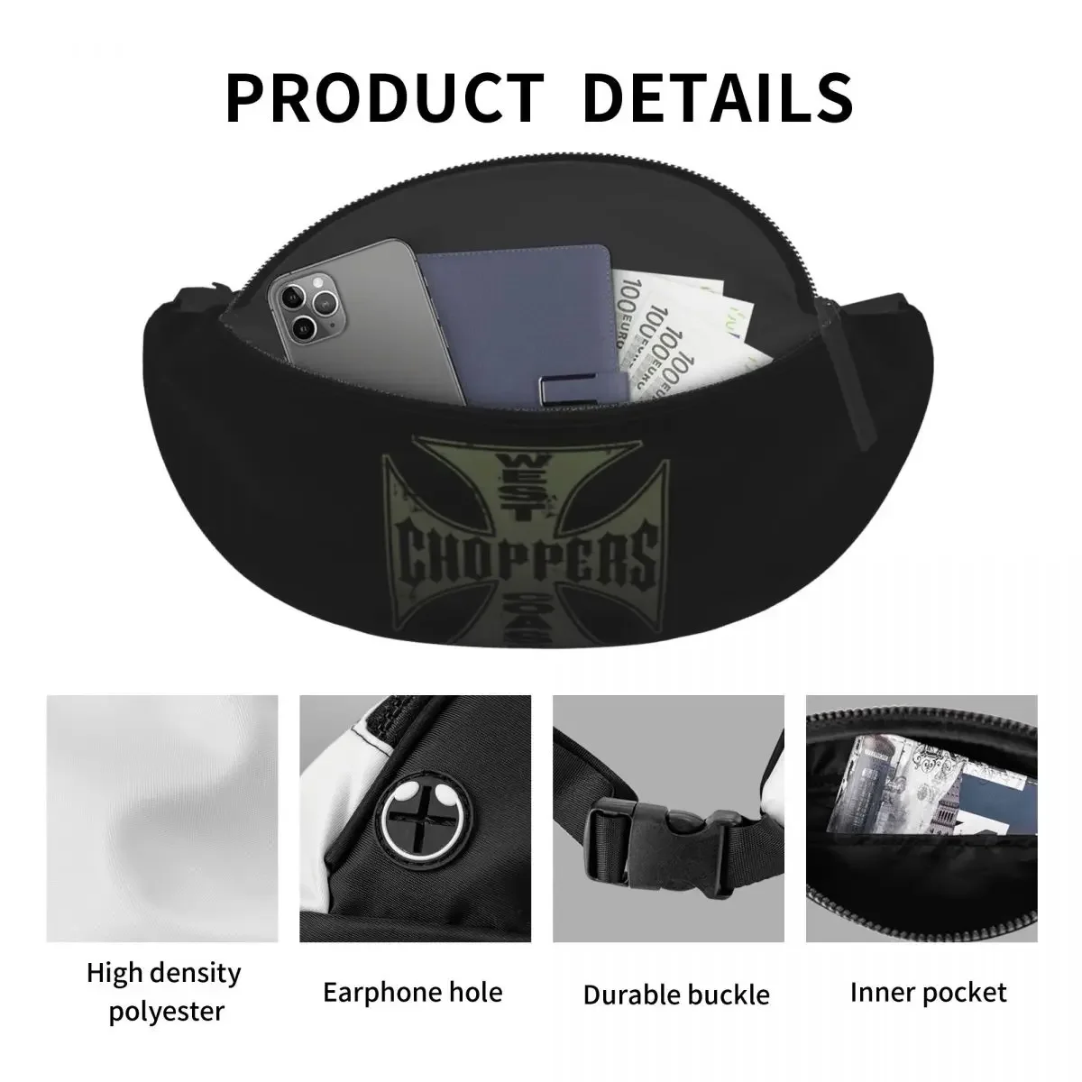 West Coast Chopper Iron Cross Fanny Bag Customized Crossbody Waist Pack Men Women Cycling Camping Phone Money Pouch