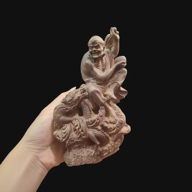 

Hand-Carved Wood Luohan Taming Dragon Statue - 6.7" Buddhist Figurine for Home Altar Zen Feng Shui Decor Lucky Collection Gift