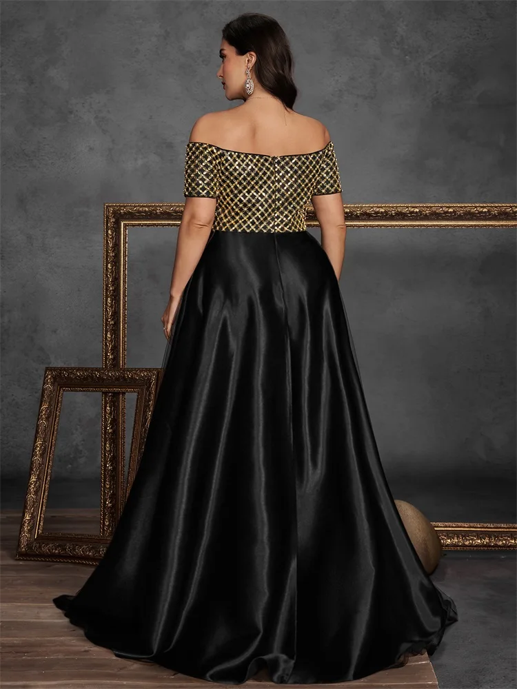 Plus Size Elegant Short Sleeve Sequins Splicing Formal Evening Dresses Women Luxury Party Bridesmaid Cocktail Gowns