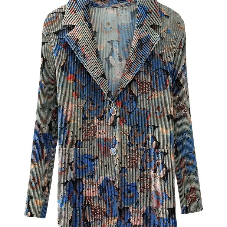 Miyake estampada-Chaqueta plisada para mujer, Top corto de un solo pecho, cuello de traje versátil, temperamento de nicho de diseño