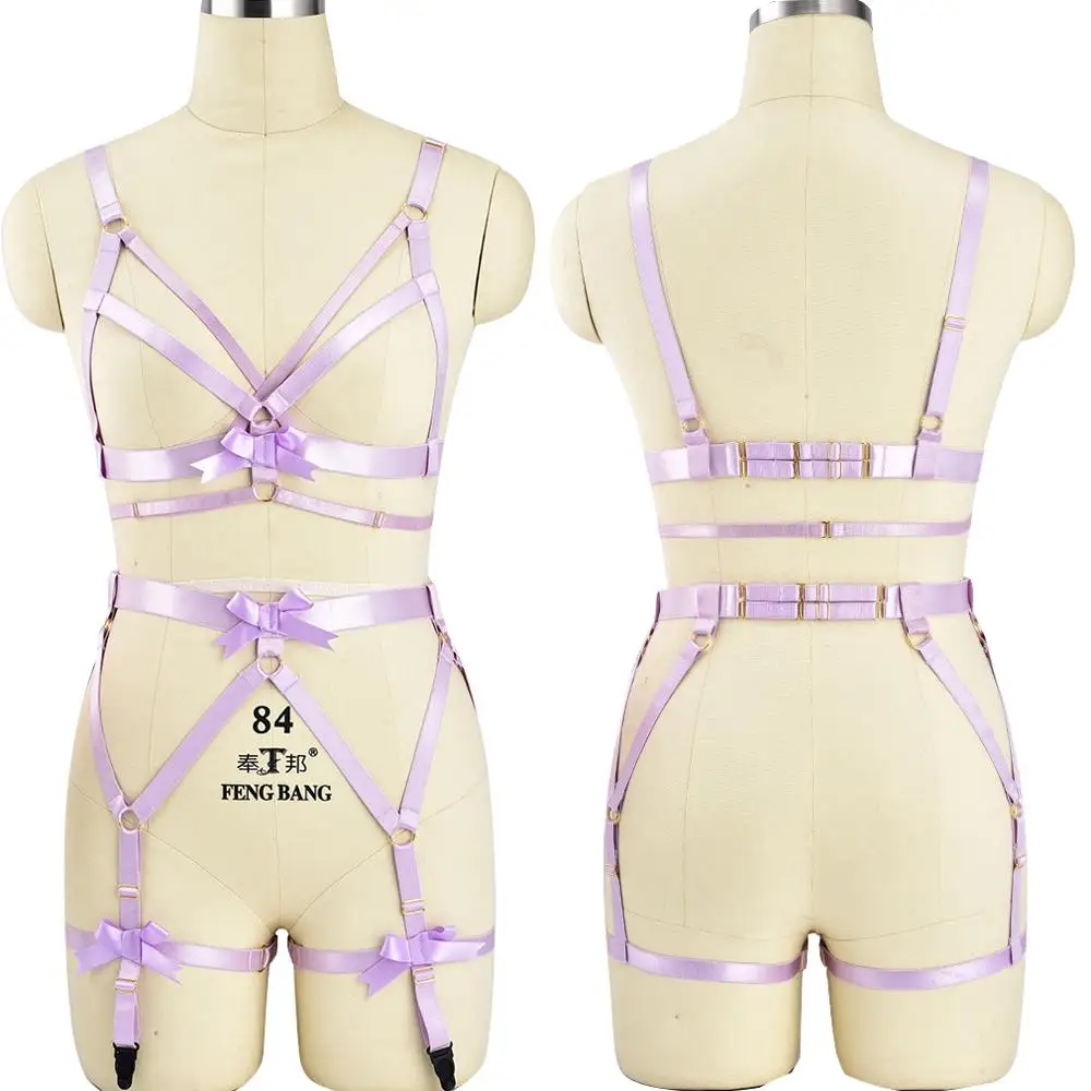 

Women Purple Body Harness Set Fetish Bondage Stockings Bow Gothic Garter Belt Hollow Lingerie Harness Body Cage Bra