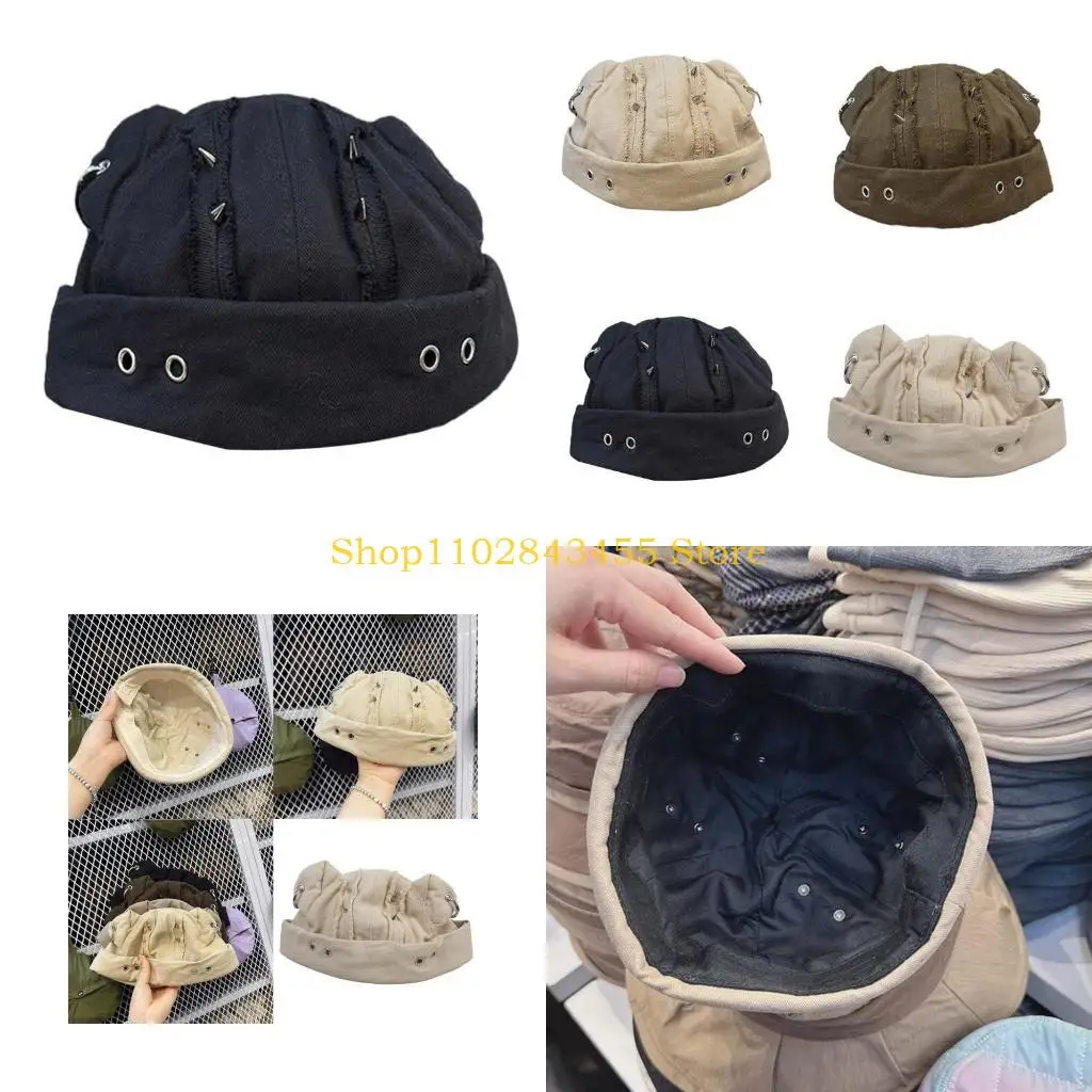 

49MC Casual Distressed Skull Hat Casual Hat Cotton Rolled for Daily Wear Outdoor Activity Streetwear Photo Props