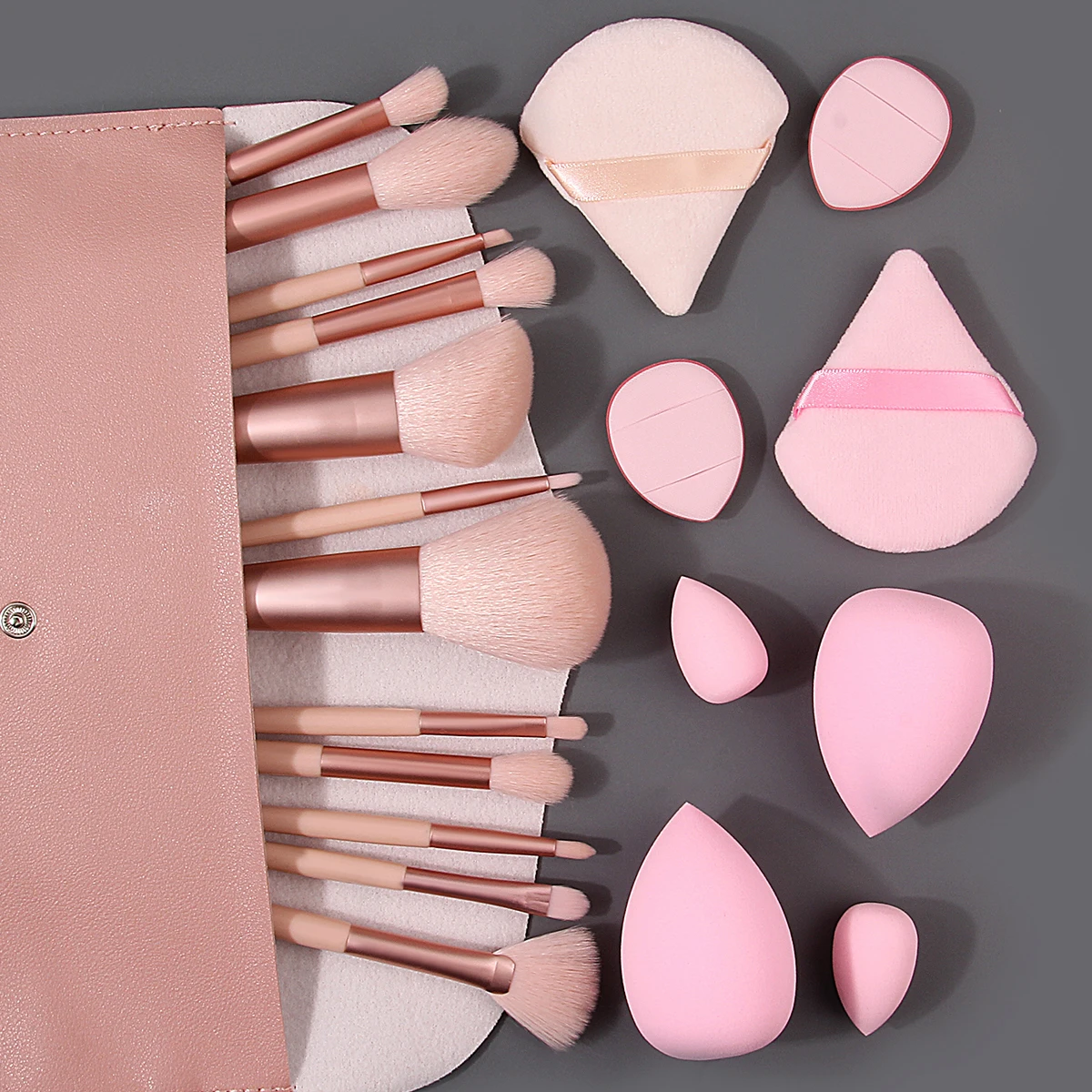Conjunto de pincéis de maquiagem facial multifuncional, 21 peças, esponja de tamanho grande, ovo/polegar triangular, pó e bolsa de armazenamento