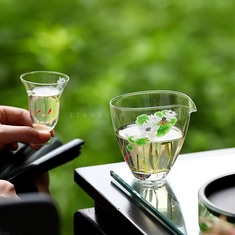 Fish Playing with Lotus Chinese Style Heat-resistant Glass Thickened Fair Cup for Home Tea Brewing Cup Tea Divider Gong Dao Bei