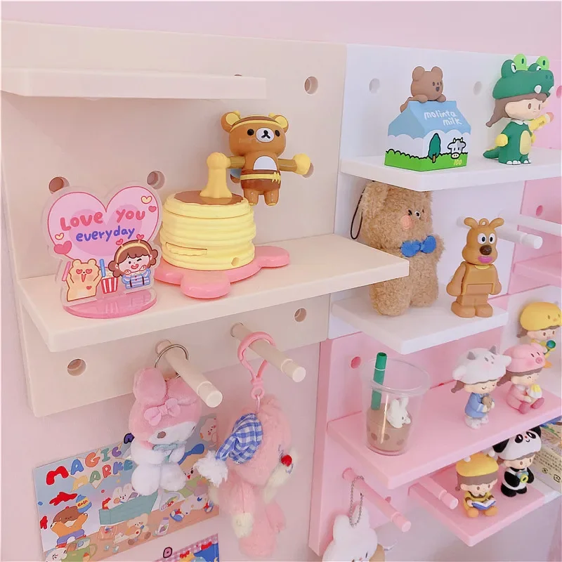 Kawaii Wall Hole Board Decor Wall Pegboard Storage Rack Blind Box Toy Figure Girl Bedroom Free Punch Organizer Storage Board