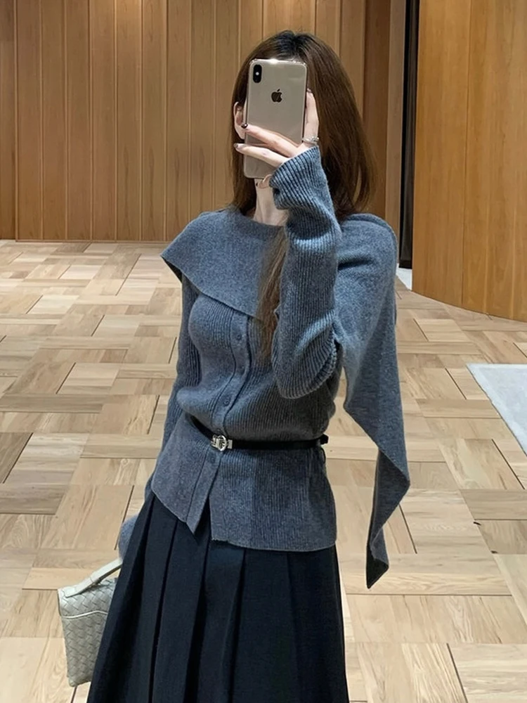 Sweater Rajut Panjang Modis Wanita Slim Fit Asimetris Nuansa Mewah Musim Gugur Trendi Atasan Model Bungkus Bahu