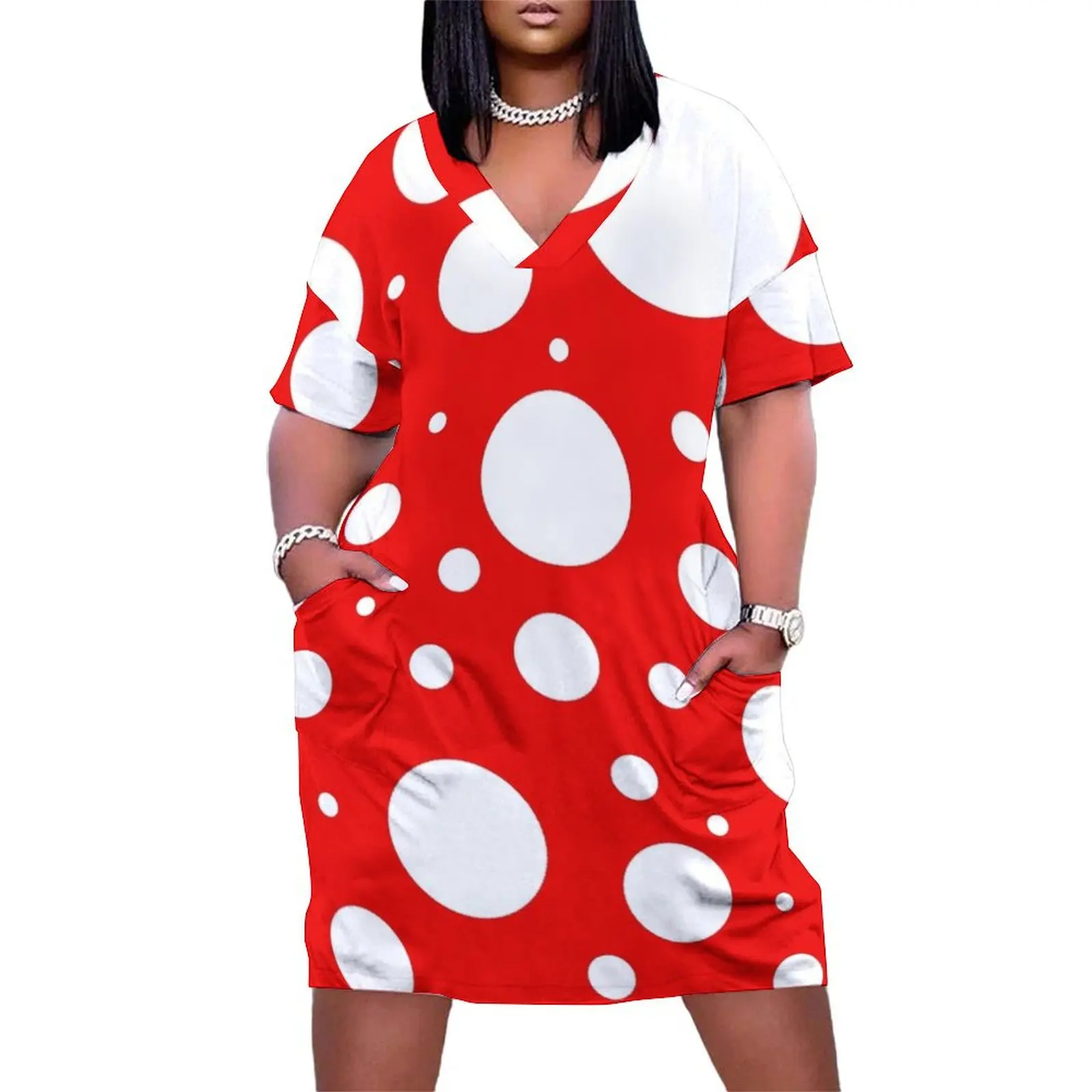 

red and white polka dot pattern Loose Pocket Dress Women"s dresses Evening dresses long dress women