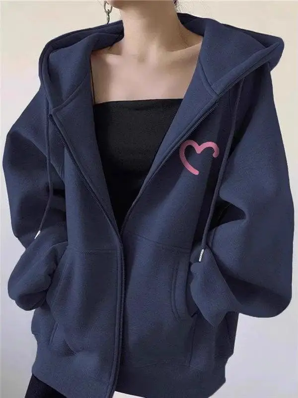 

Повседневная толстовка с капюшоном большого размера, кардиган, женская свободная верхняя одежда с принтом сердца, удобная длинная све, осенне-зимняя уличная одежда