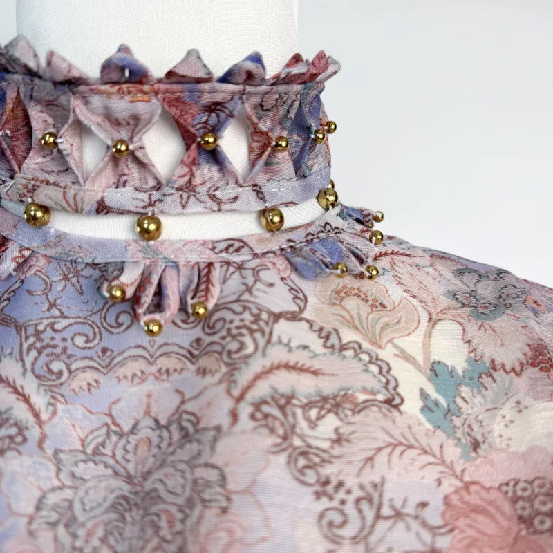 Jupe parapluie bouffante à motifs floraux bleus, mi-longue, perles, broderie lourde, tulle, patchwork, taille haute, rue, velours...