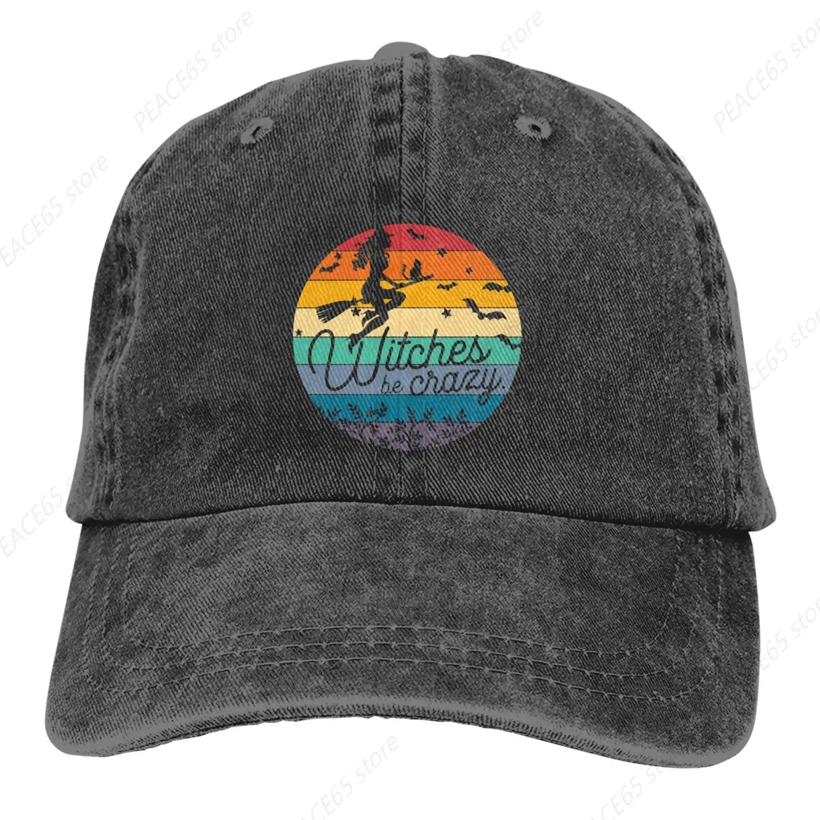 

Witches Be Crazy Halloween Rainbow Denim Cap Golf Dad Hat Adjustable Original Classic Low Profile Cotton Hat Men Women