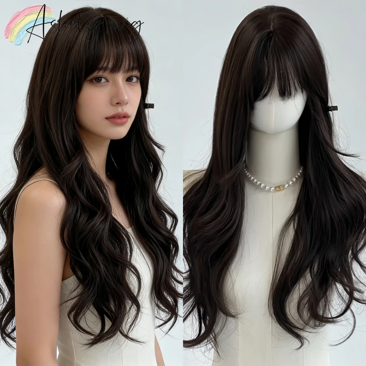 

Natural Black Wig with Bangs Headband Wigs for Women A Fashionable New Style Long Wavy Wig for Daily Use Cosplay Synthetic Wig