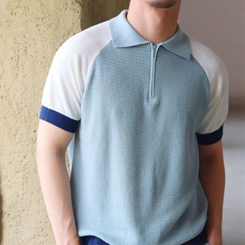 Light Luxury Spliced Hit Color Short Sleeve Men Polo Sweatshirts Summer Fashion Business Casual Thin Knitted Oversized T Shirts