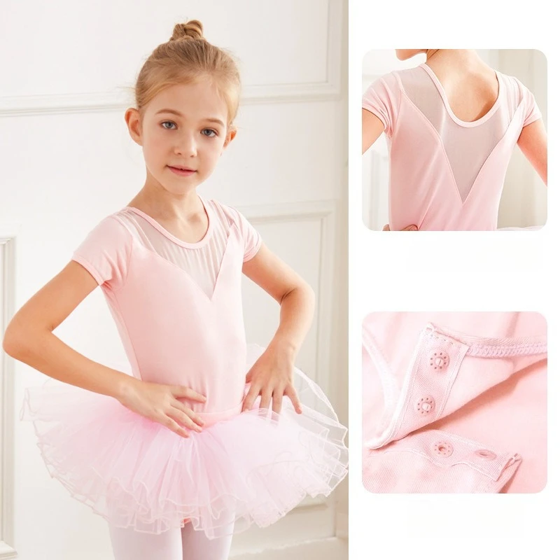 Two-piece summer dance outfit for young girls, featuring long-sleeve top and ballet tulle skirt, kids' practice dancewear 4