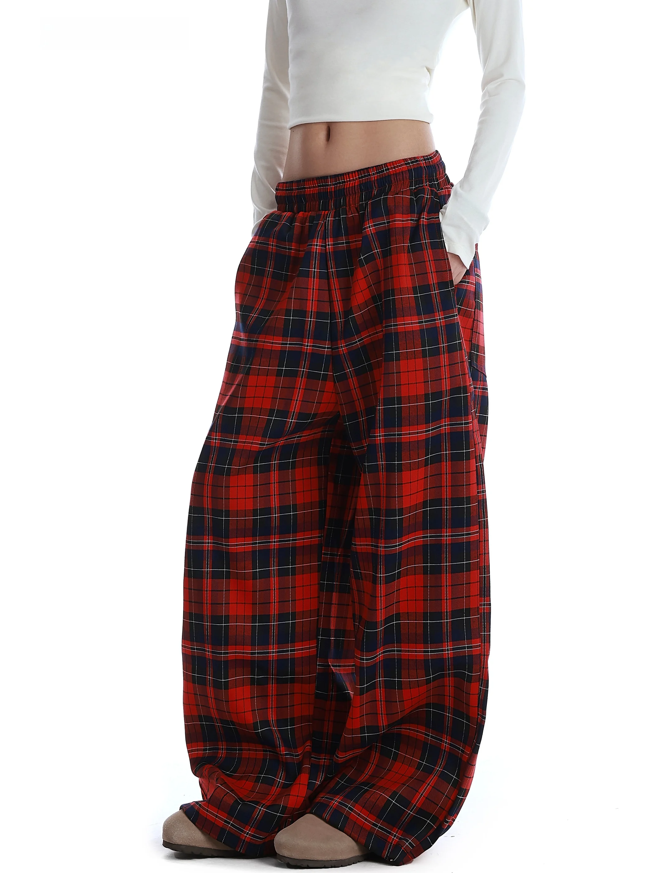 

Американские брюки в стиле ретро с красным клетчатым узором, свободные прямые брюки с широкими штанинами для мужчин и женщин, повседневные брюки для отдыха.