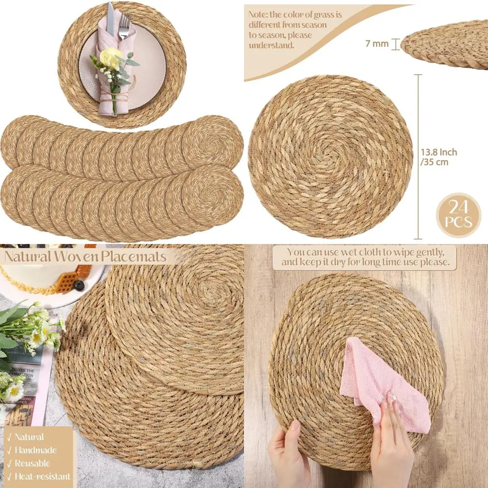 

Натуральные плетеные салфетки ручной работы из ротанга, круглые салфетки в стиле бохо диаметром 13,8 дюйма, упаковка из 24 шт., плетеные коврики для стола в деревенском стиле в деревенском стиле