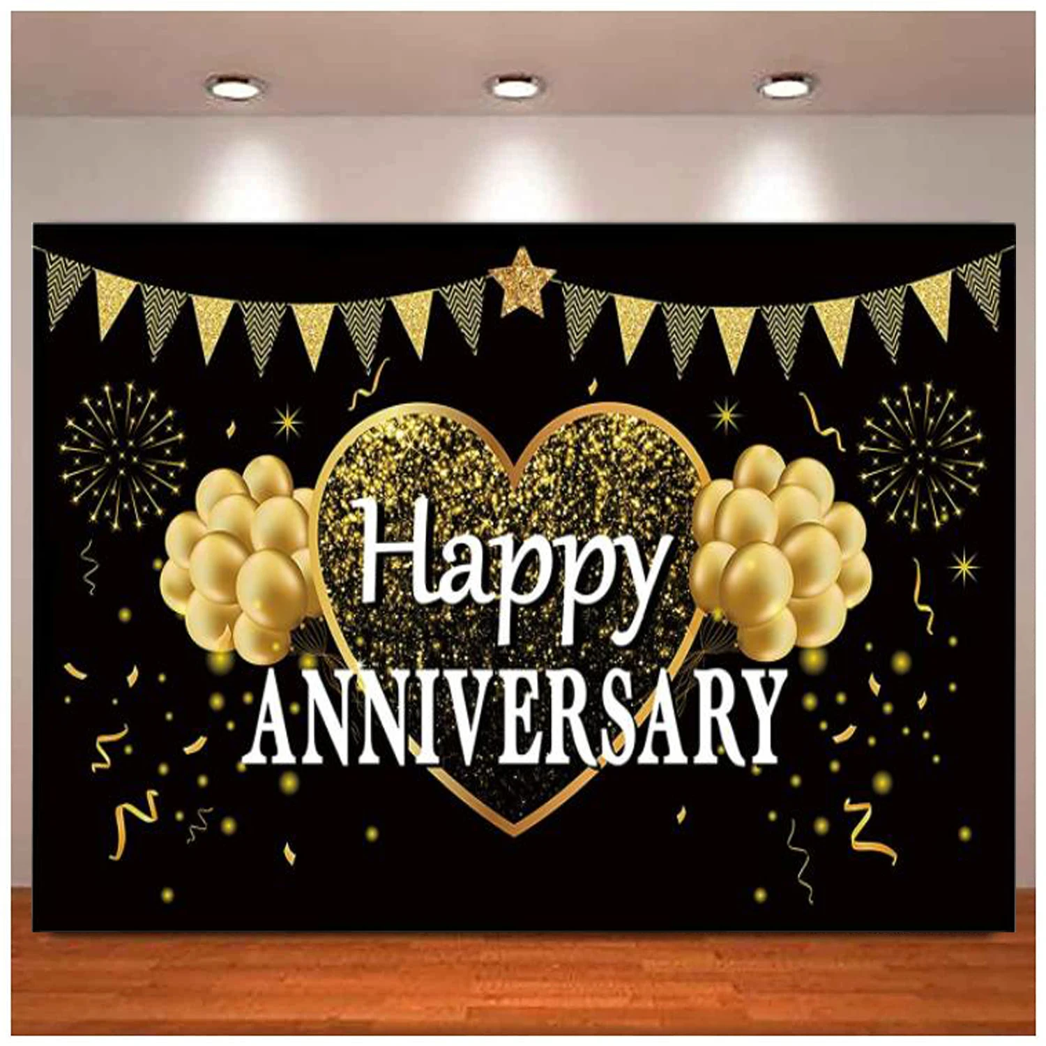 Happy Anniversay Party Backdrop Banner Black Gold Supplies Large Yard Sign Backgroud For Indoor And Outdoor Party Decoration