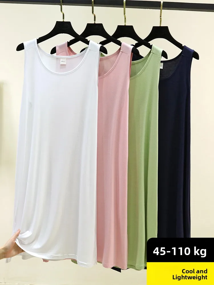 Modal Sleeveless round Neck Side Slit Vest Dress Summer Thin Home Sleep Dress Pure Color Loose Fit Casual Home Wear
