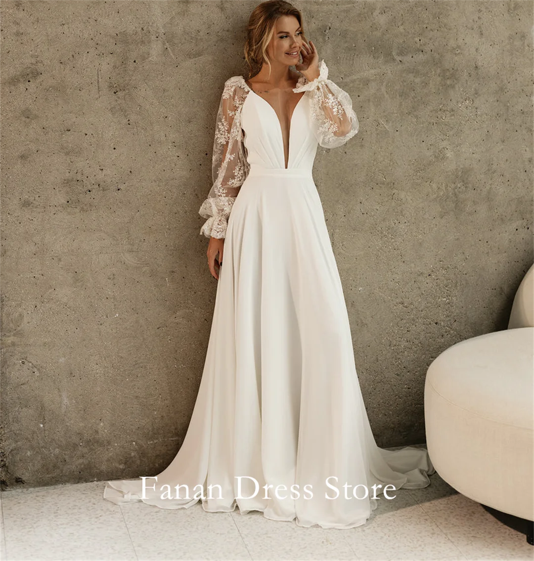 Fanan Boho-Chic Pernyataan Pernikahan Gaun Tebal Lengan Disesuaikan Chiffon Ruched Gading Gaun Pesta Pengantin Pernikahan & De Novia