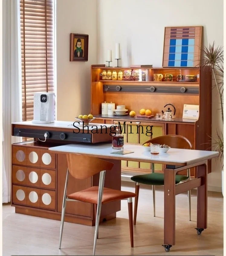 CL wood rock slab small apartment dining table integrated household rotary telescopic multi-functional simple log bar