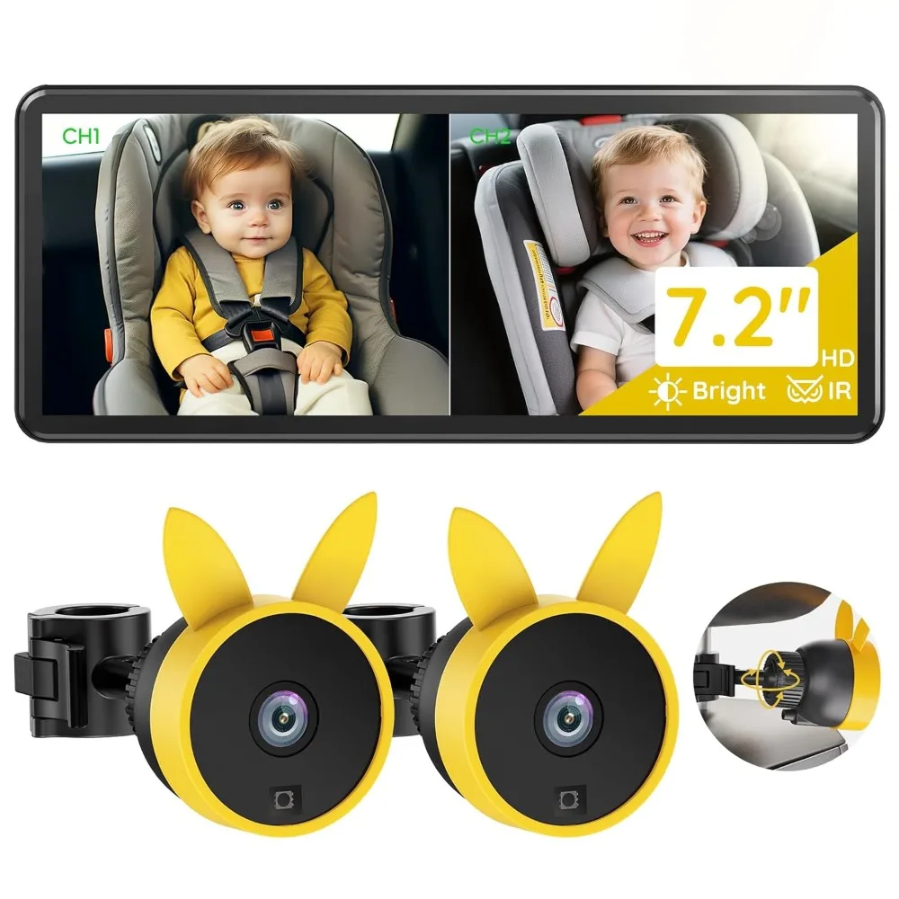 Cámara de coche para bebé para 2 niños, monitor de bebé de doble canal con pantalla HD grande de 7,2 ", cámara de asiento de coche con visión nocturna ir de 1080p, eas