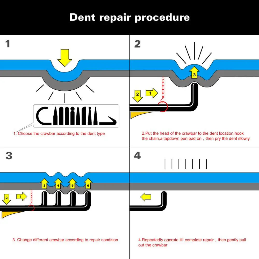 Ensemble d\'outils de réparation de bosses sans peinture, outils super PDR, barre de levier, tiges de poussée, crochets, outils automatiques, kits