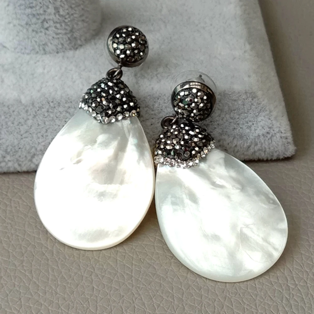natural White Mother Of Pearl shell Black Macarsite pave Earrings Fashion Statement Party Wedding Earrings  Shipping Jewelry