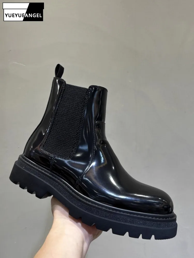 Fashion Winter Mens Business Work Chelsea Boots Thick Platform Slip On Cowhide Genuine Leather Ankle Boots Fleece Lining Shoes