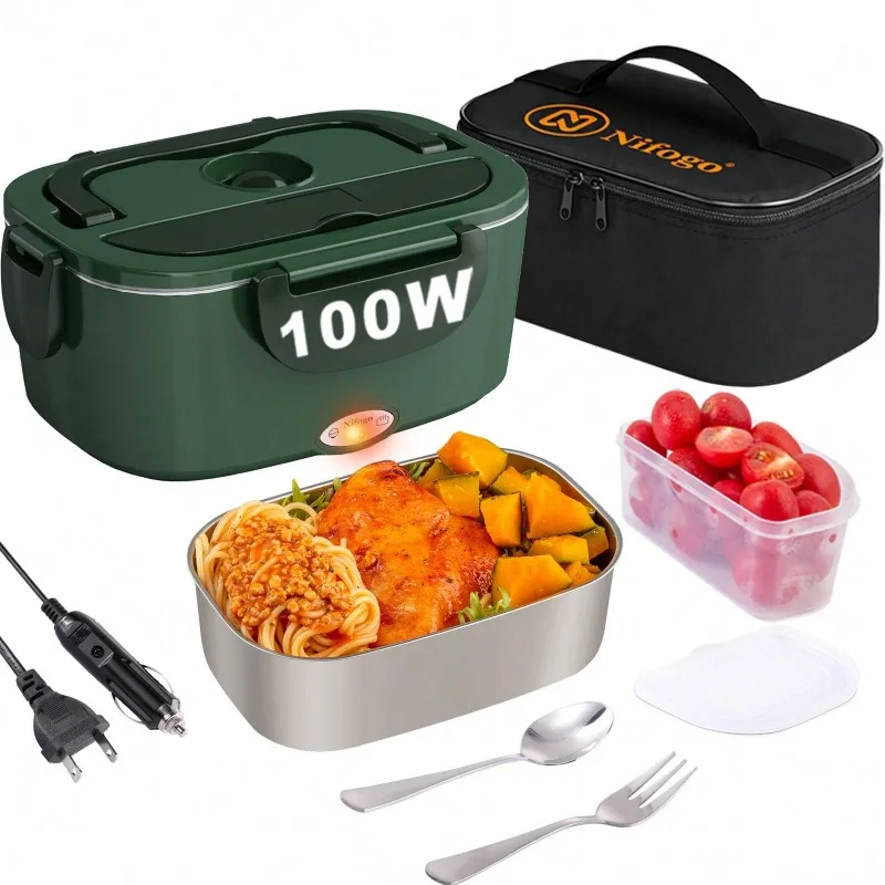 100W Electric Heating Lunch Box, 2 in 1 Car & Home Use Portable Food Warmer Heater with 304 Stainless Steel Container, Leakproof Thermal Lunch Container with Insulated Carry Bag for Office Travel view 2