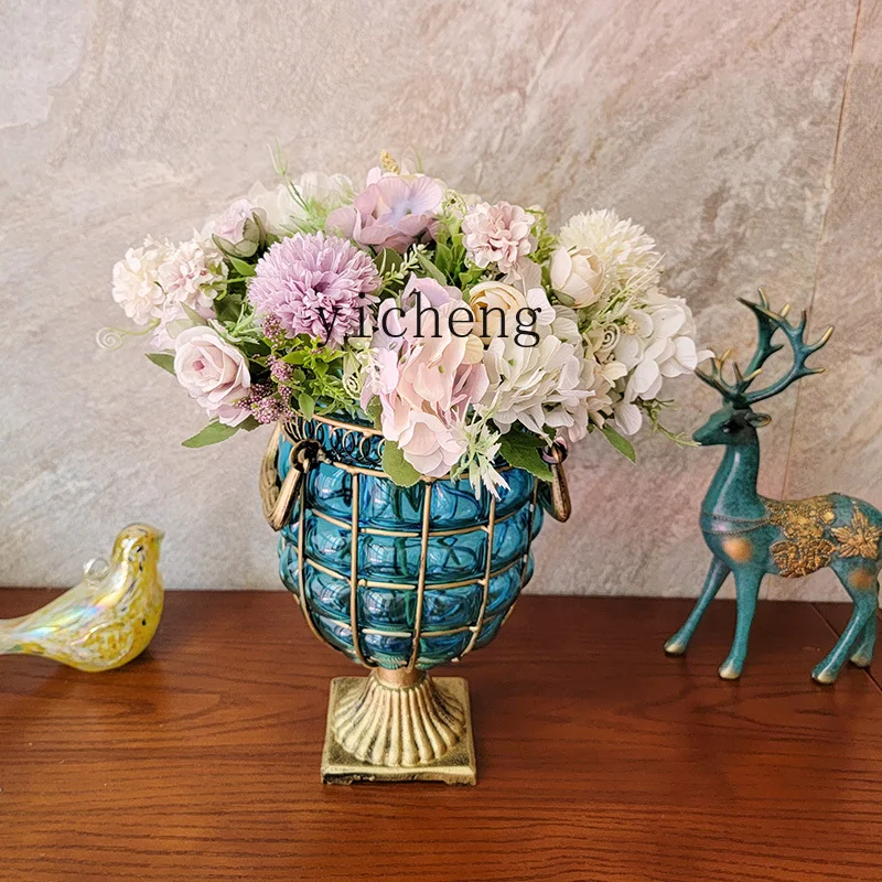 FY Iron Art Blown Glass Vase Living Room Transparent Blue Ornament Flower Arrangement