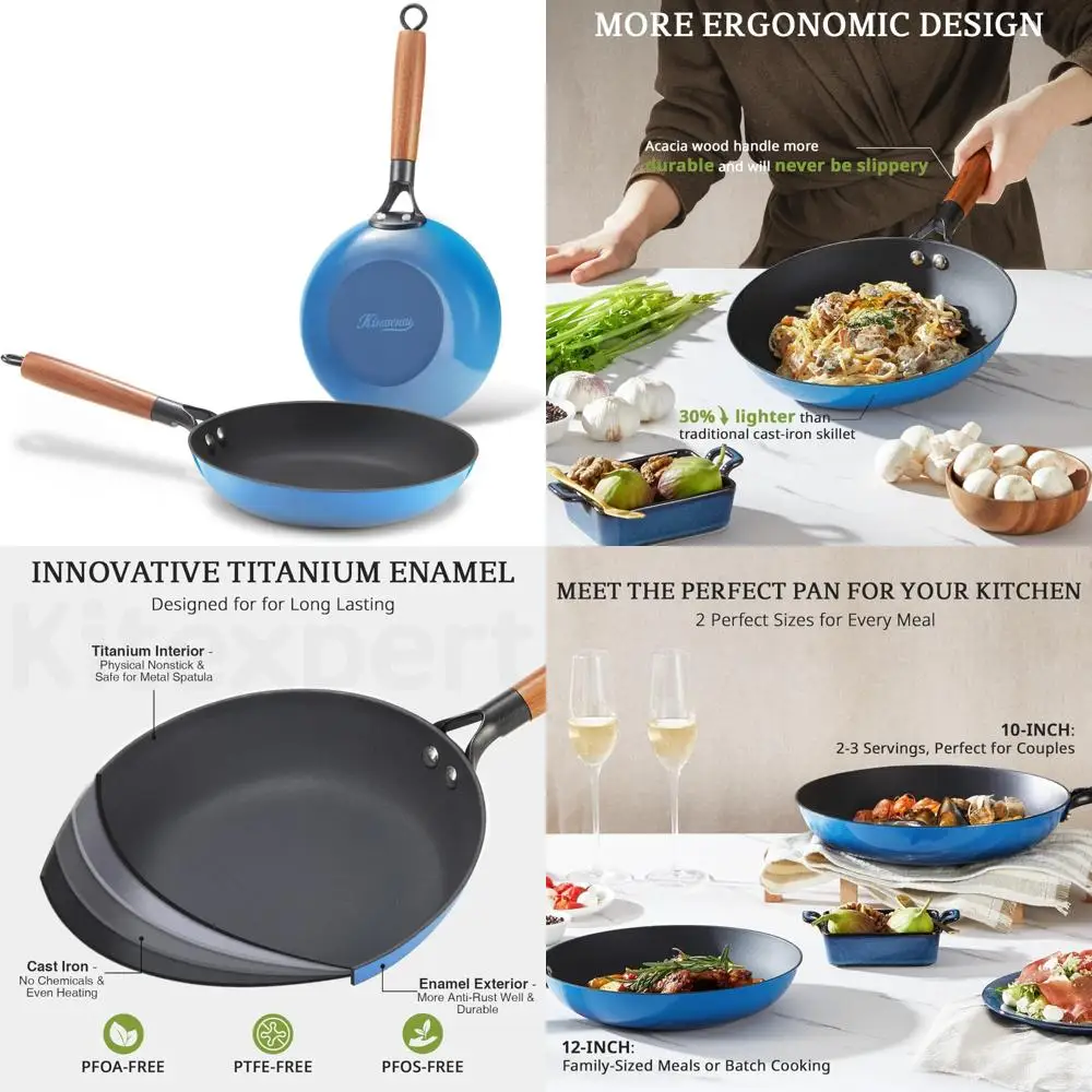 

Набор эмалированных чугунных сковородок с антипригарным покрытием и деревянными ручками — прочные титановые сковороды 10 и 12 дюймов для приготовления пищи