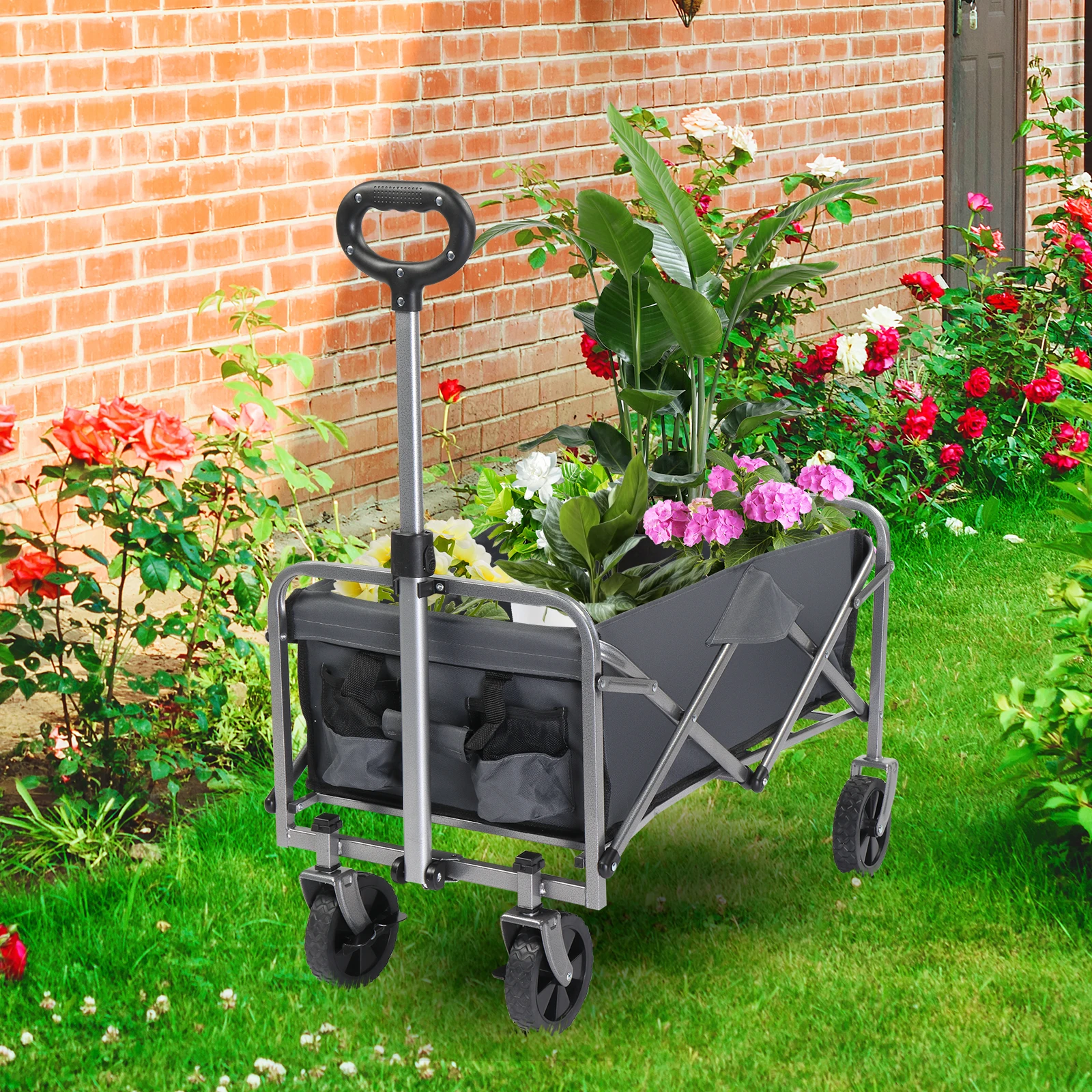 74.5*45.5*84cm 100kg 600d Oxford Cloth Steel Frame Flat Folding Style Grey Cloth Silver Frame Garden Folding Cart