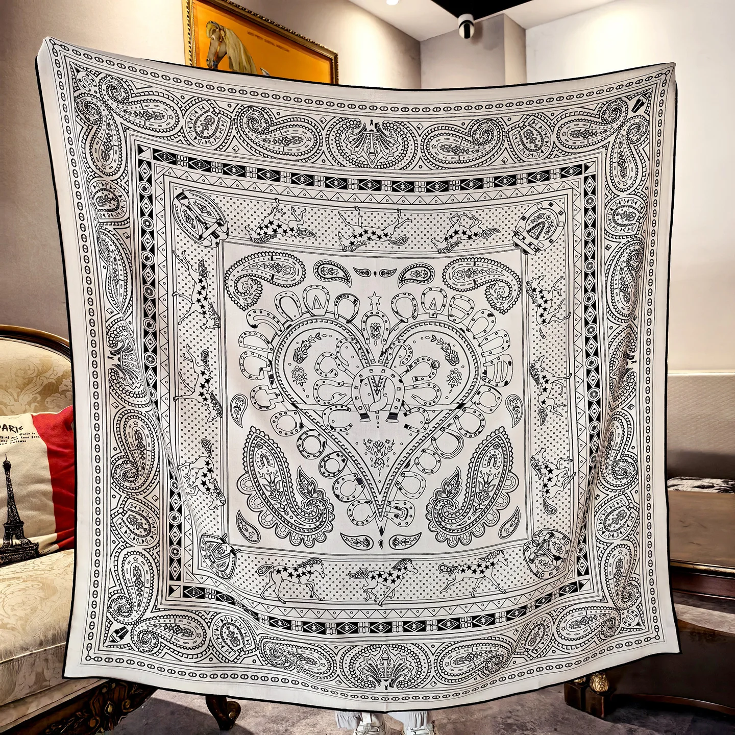 High-end Elegant Women's Exquisite Heart-shaped Double-sided Print Quality Silk and Wool Hand-rolled Edge Big Square Scarf Shawl