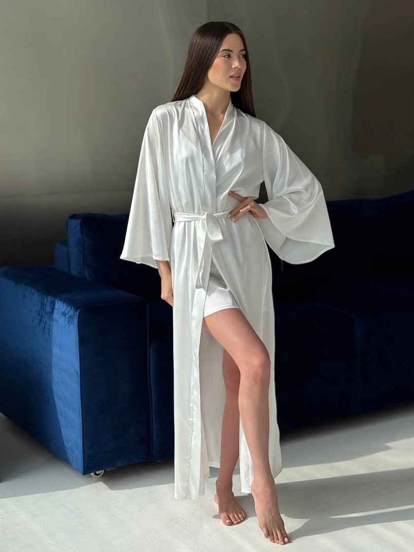Marthaqiqi Casual Female Sleepwear Suit Long Sleeve Robe V-Neck Pajamas Spaghetti Strap Nightgowns Mini Dress White Home Clothes
