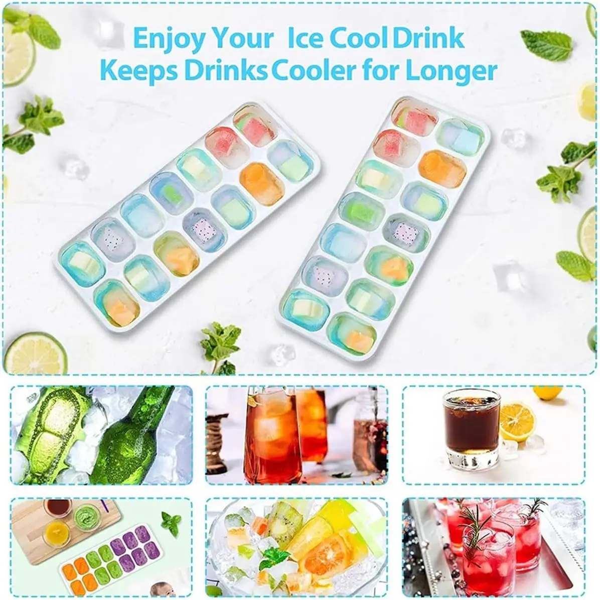 Silicone Ice Cube Mold Trays Reusable Silicone Ice Tray with Lid 14-Ice Cube Trays Super Easy Release Ice Cube Molds Whiskey