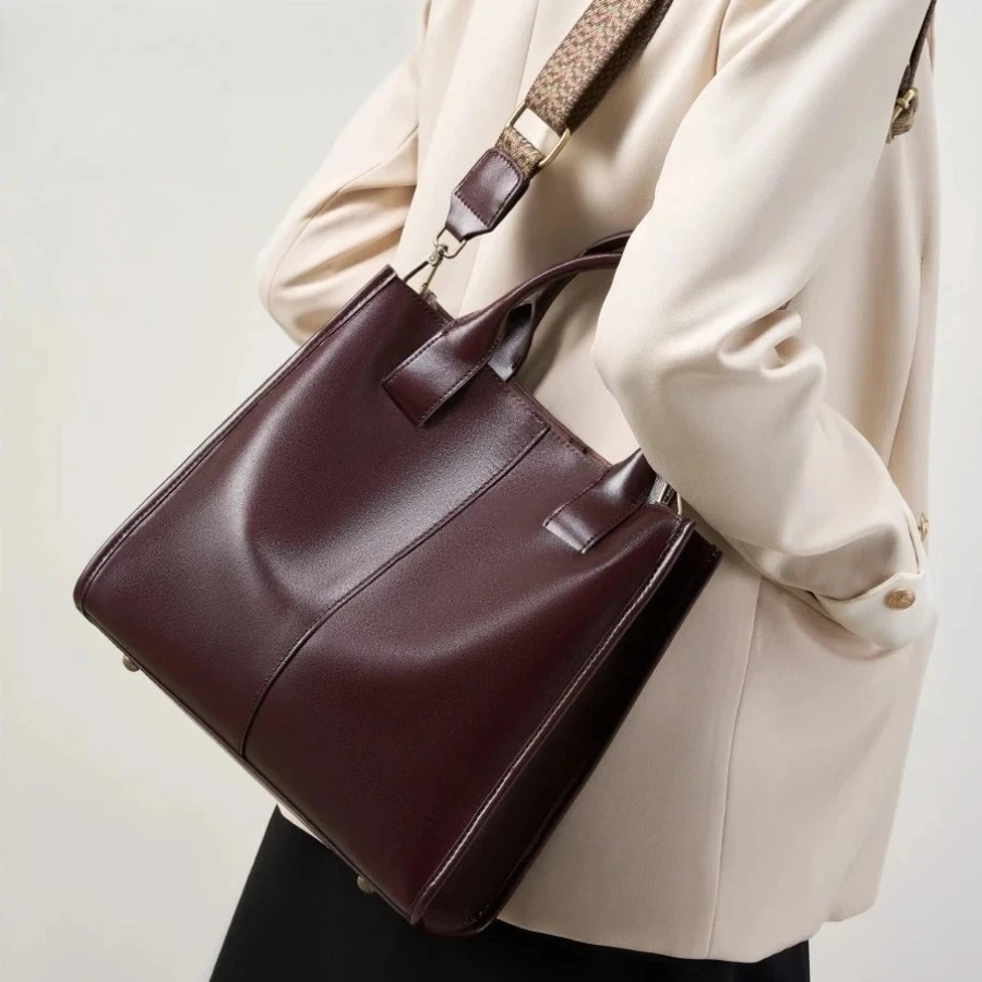 Genuine Leather Tote Bag for Women Vintage Crossbody Purse Large Capacity Minimalist Bucket Bag Multi Compartment