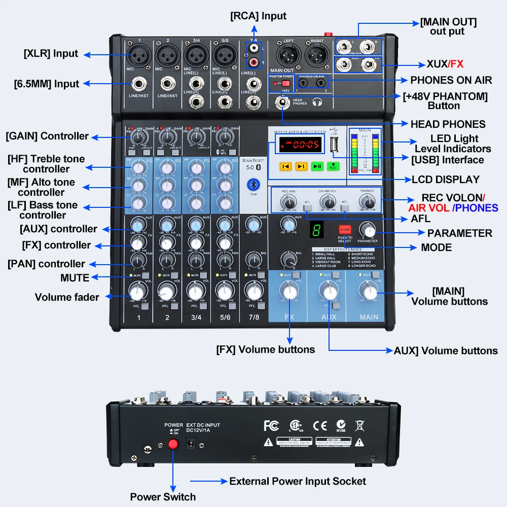 MX8 Professional 8 DSP Effect Mixing Console 8 Channel Digital Audio Mixer Usb Audio Mixer
